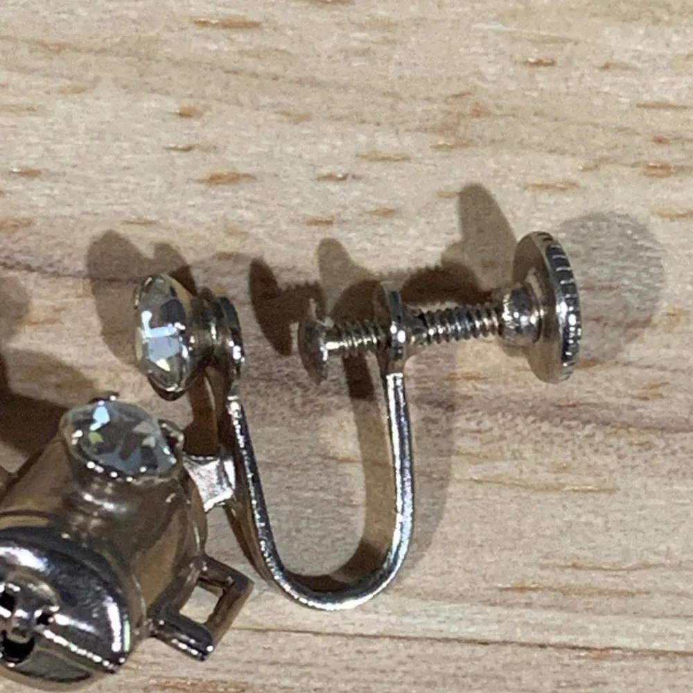 Vintage Watering Can Single Earring Women Silver Tone Rhinestone Gardening